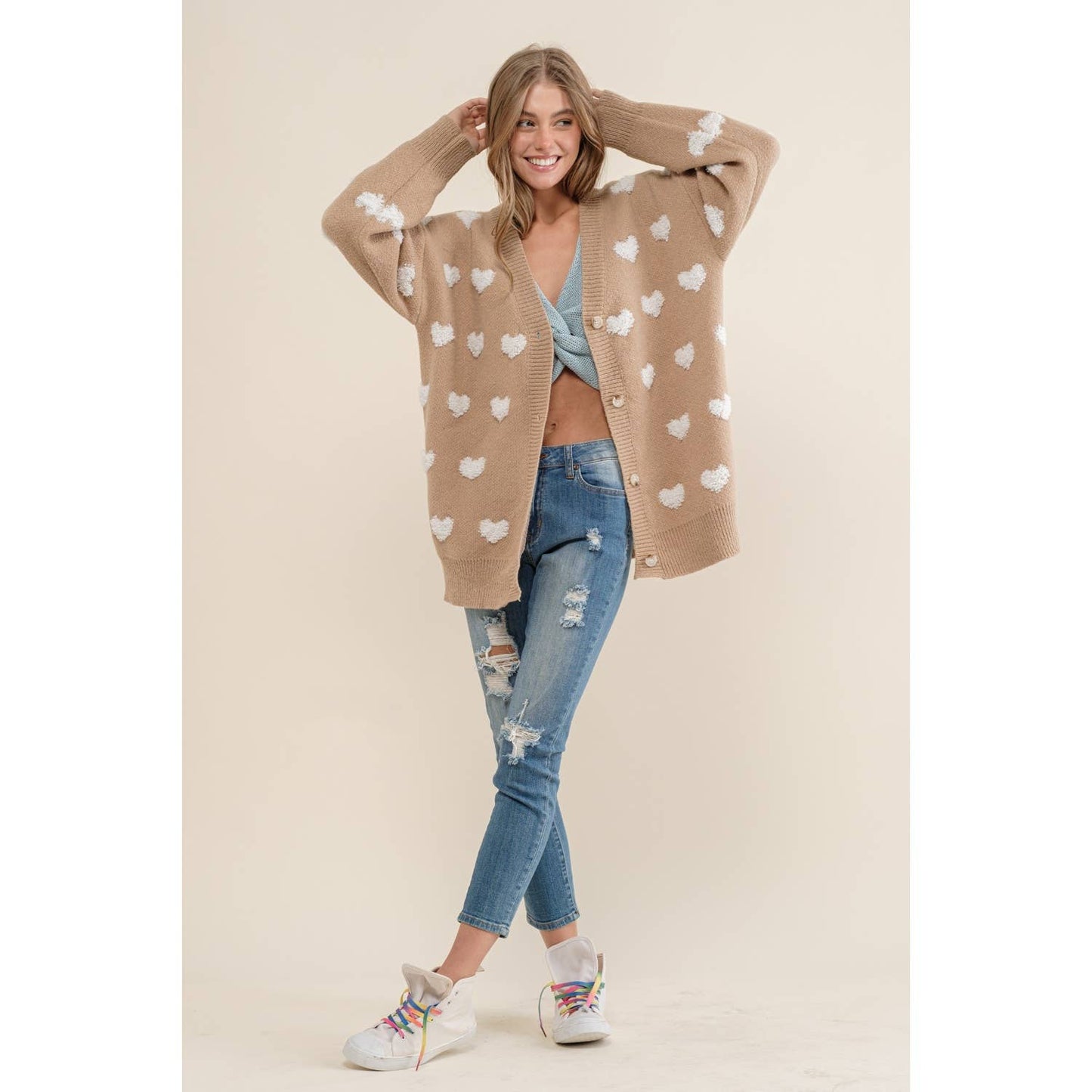 ALL OVER HEART PATTERN SWEATER CARDIGAN