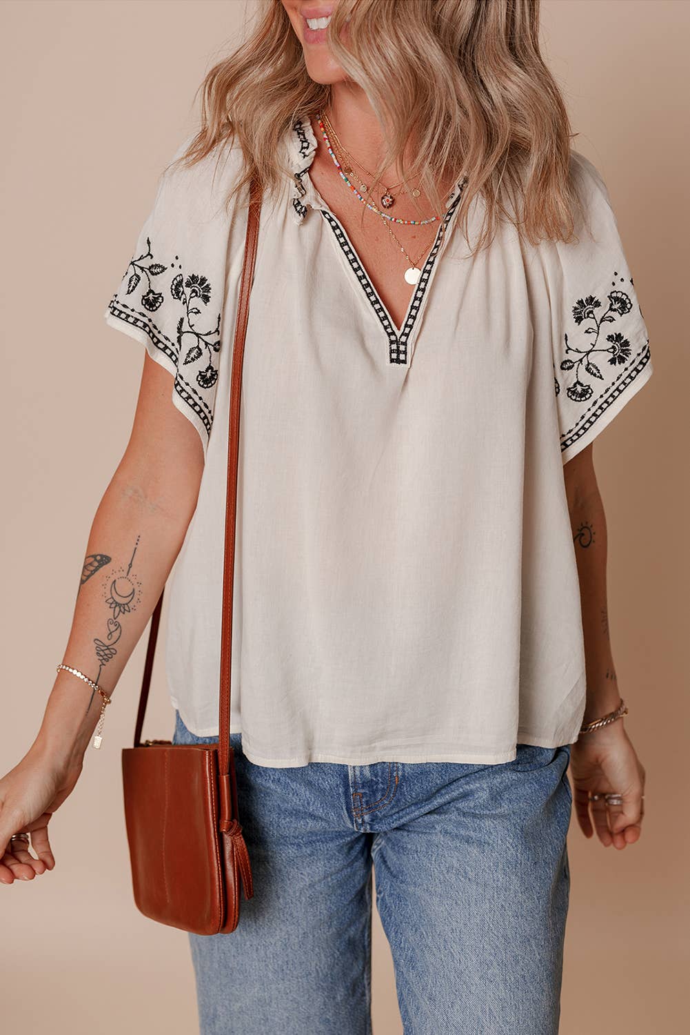 Floral Embroidered Short Sleeve V Neck Blouse