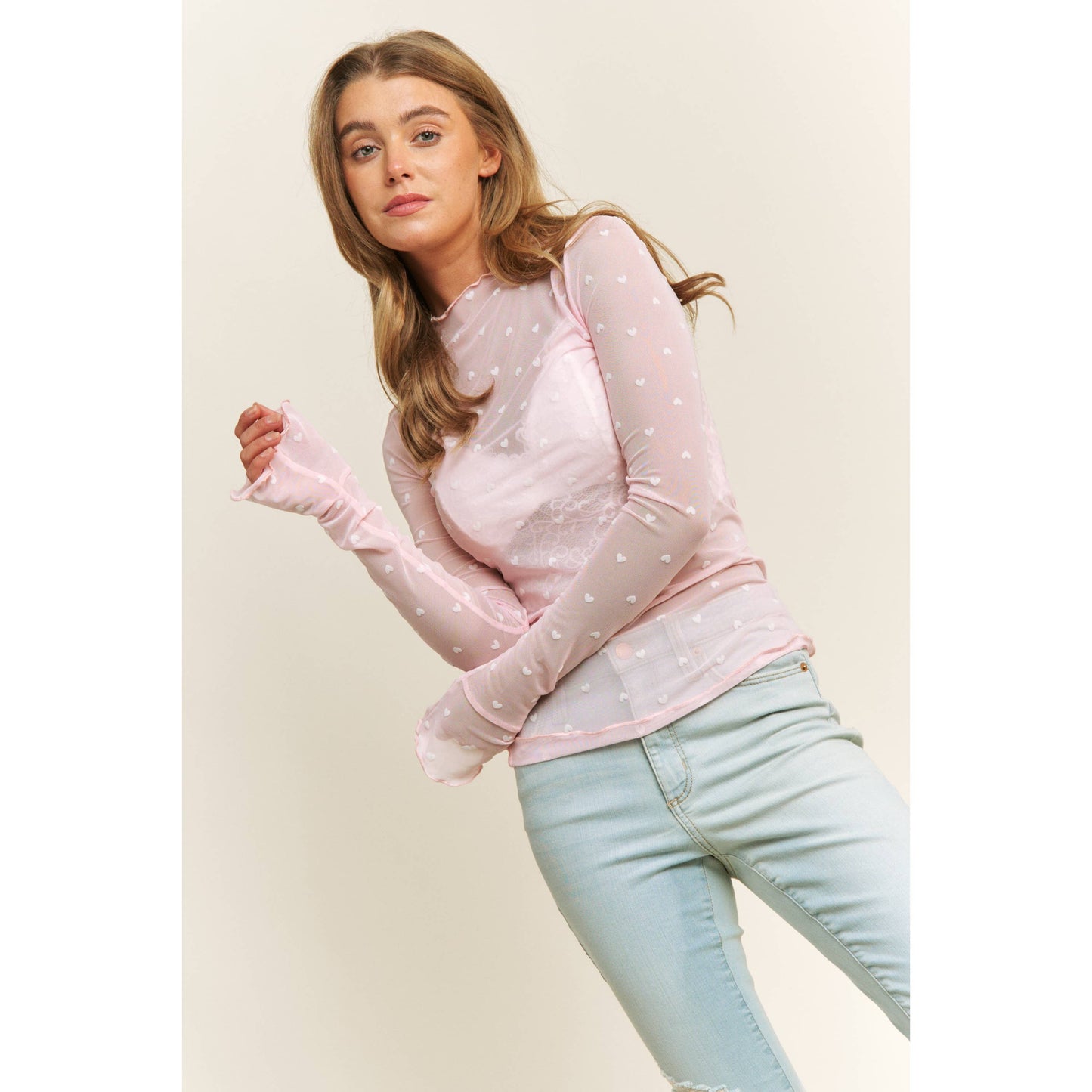CUTE MESH HEART FLOCKING HIGH NECK DESIGN LONG SLEEVE FITTED