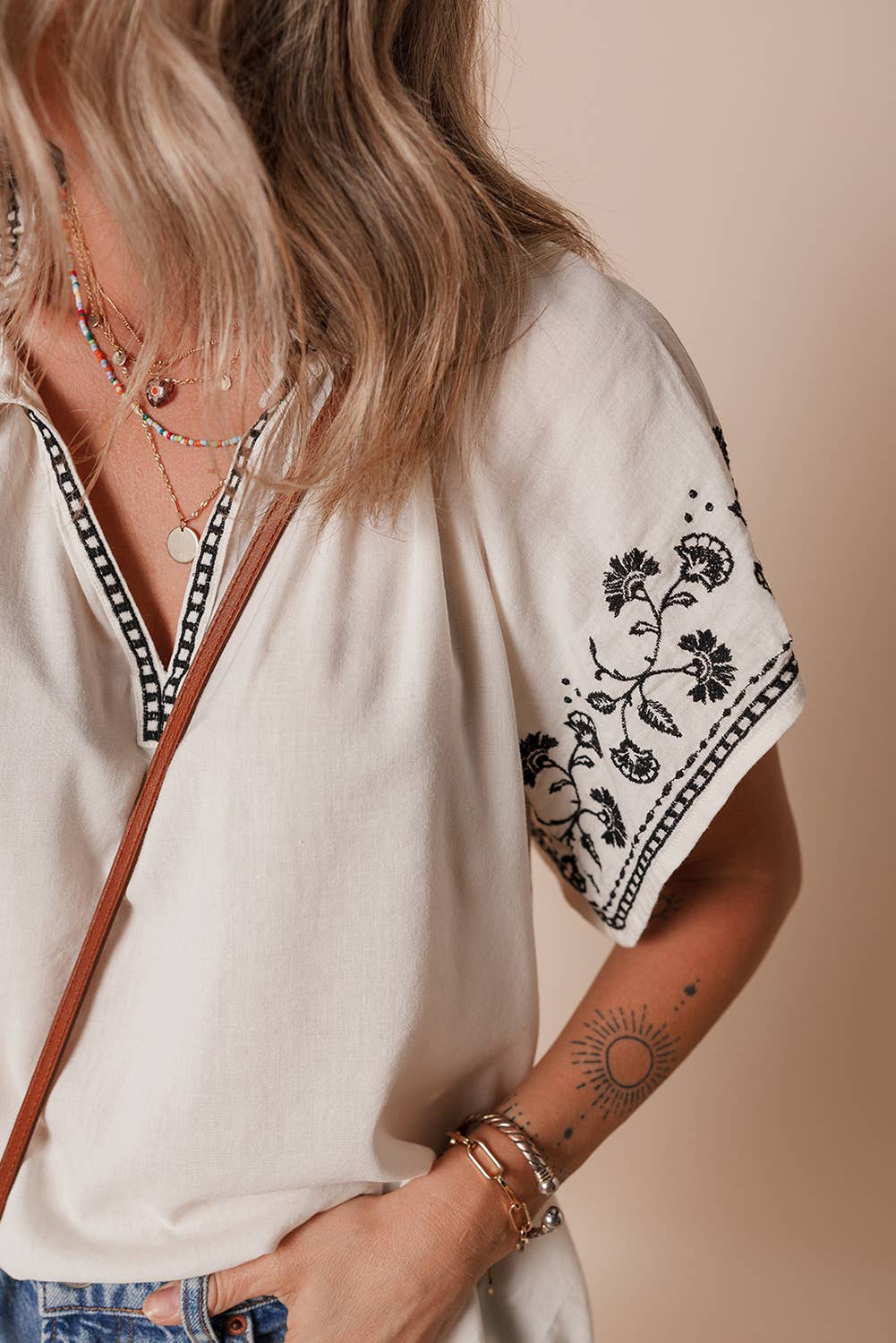 Floral Embroidered Short Sleeve V Neck Blouse