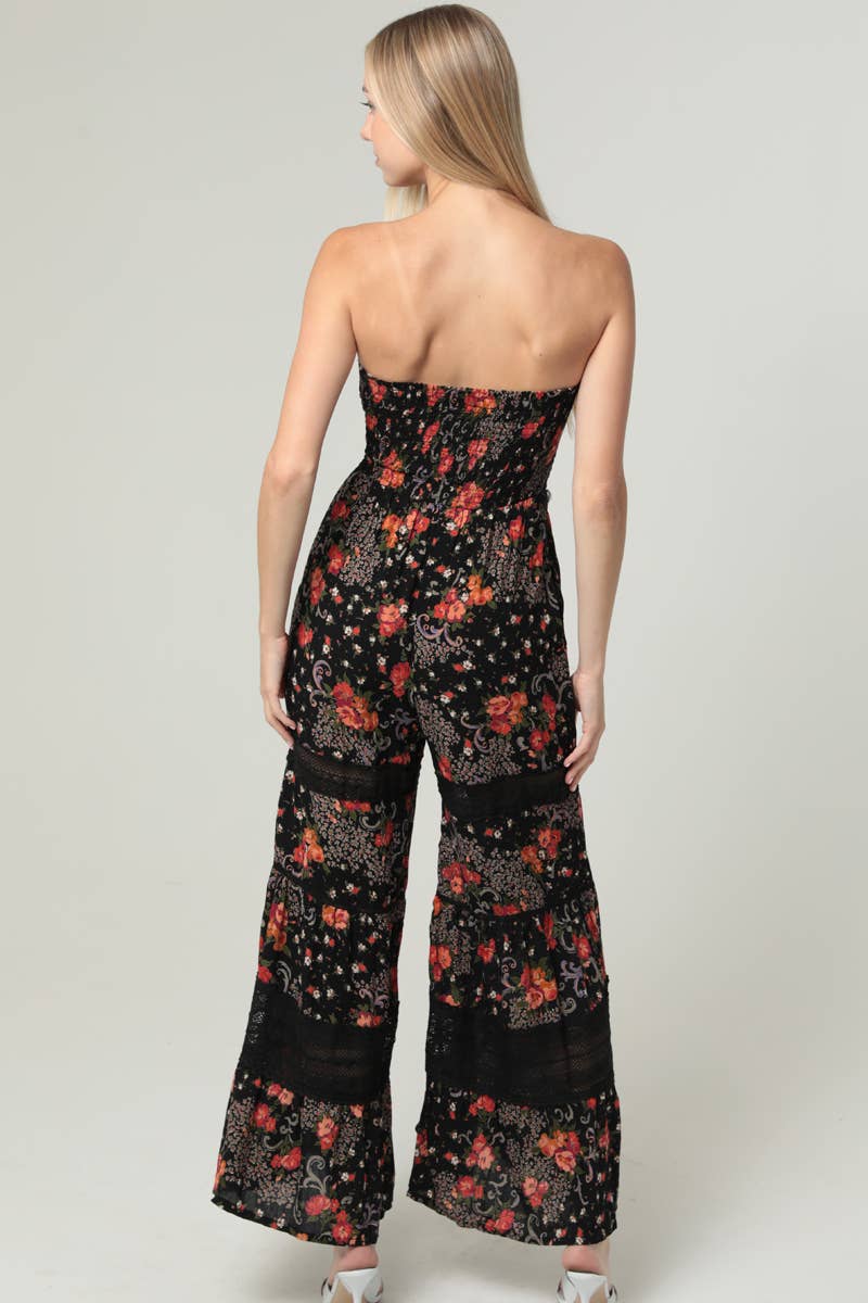 FLORAL PRINT LACE DETAILS WIDE LEG JUMPSUIT
