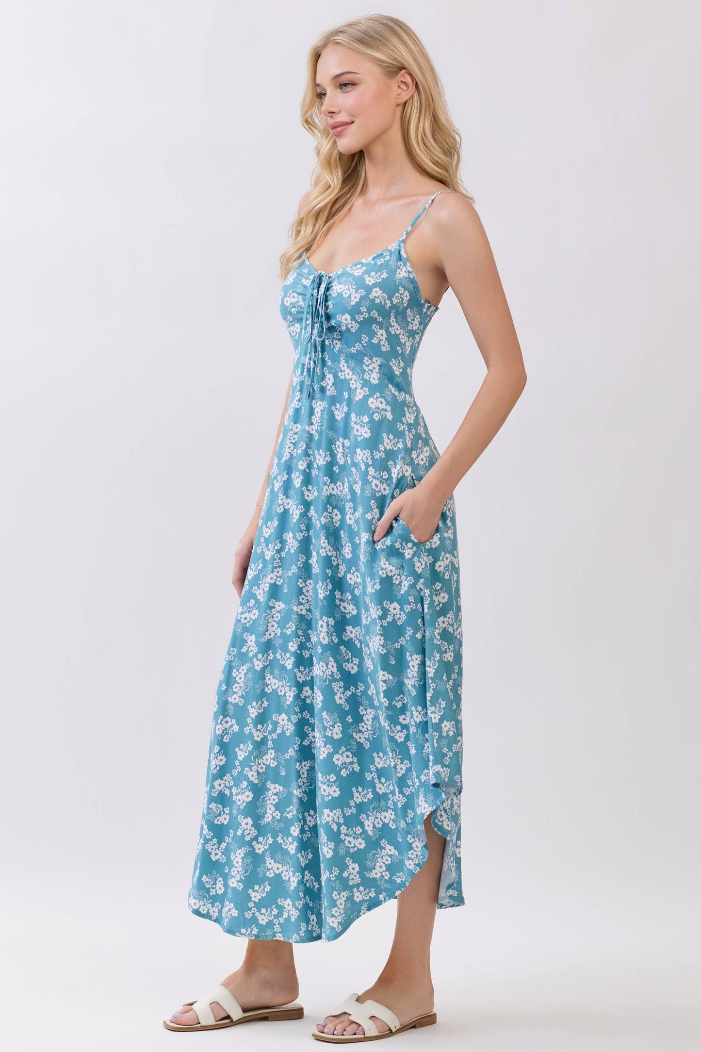 FLORAL PRINT CHEST RUCHED MIDI DRESS