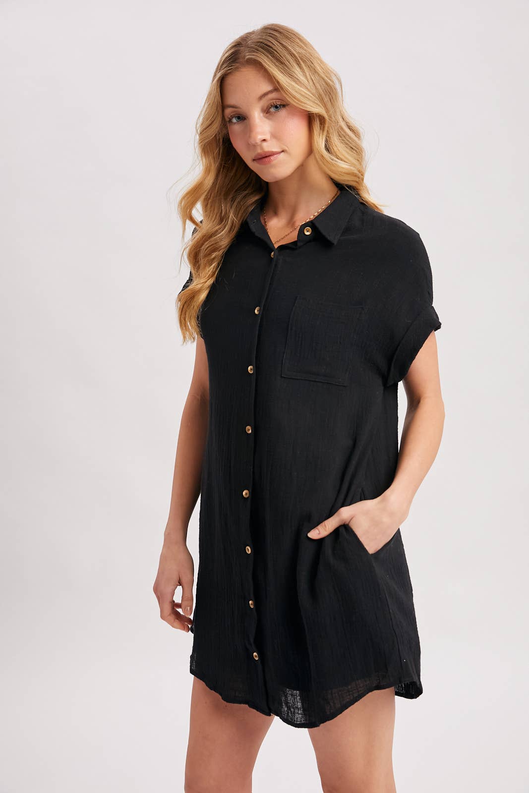 BUTTON UP SHIRT DRESS WITH POCKET
