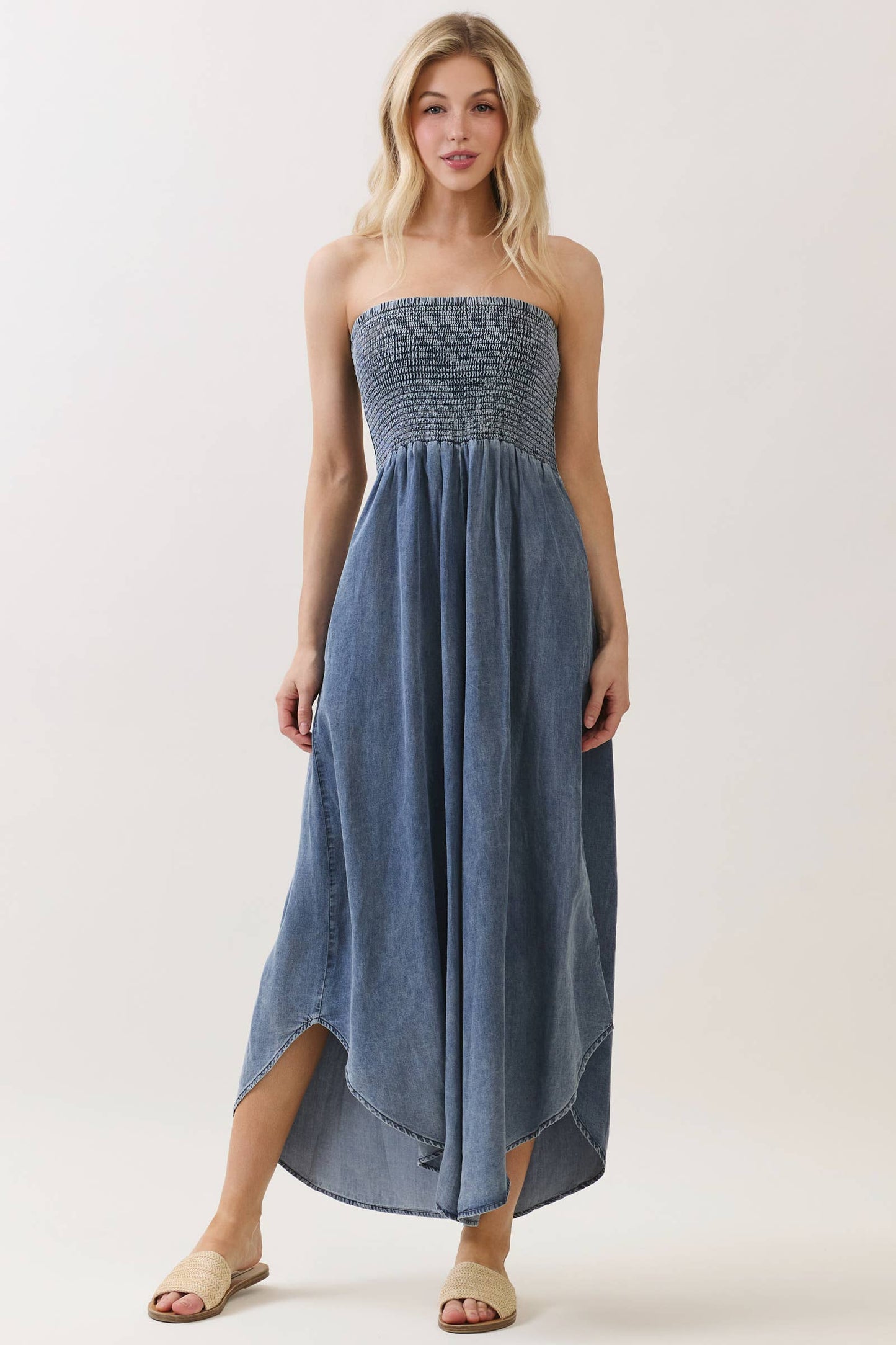 TENCEL SMOCKED ROUND HEM JUMPSUIT