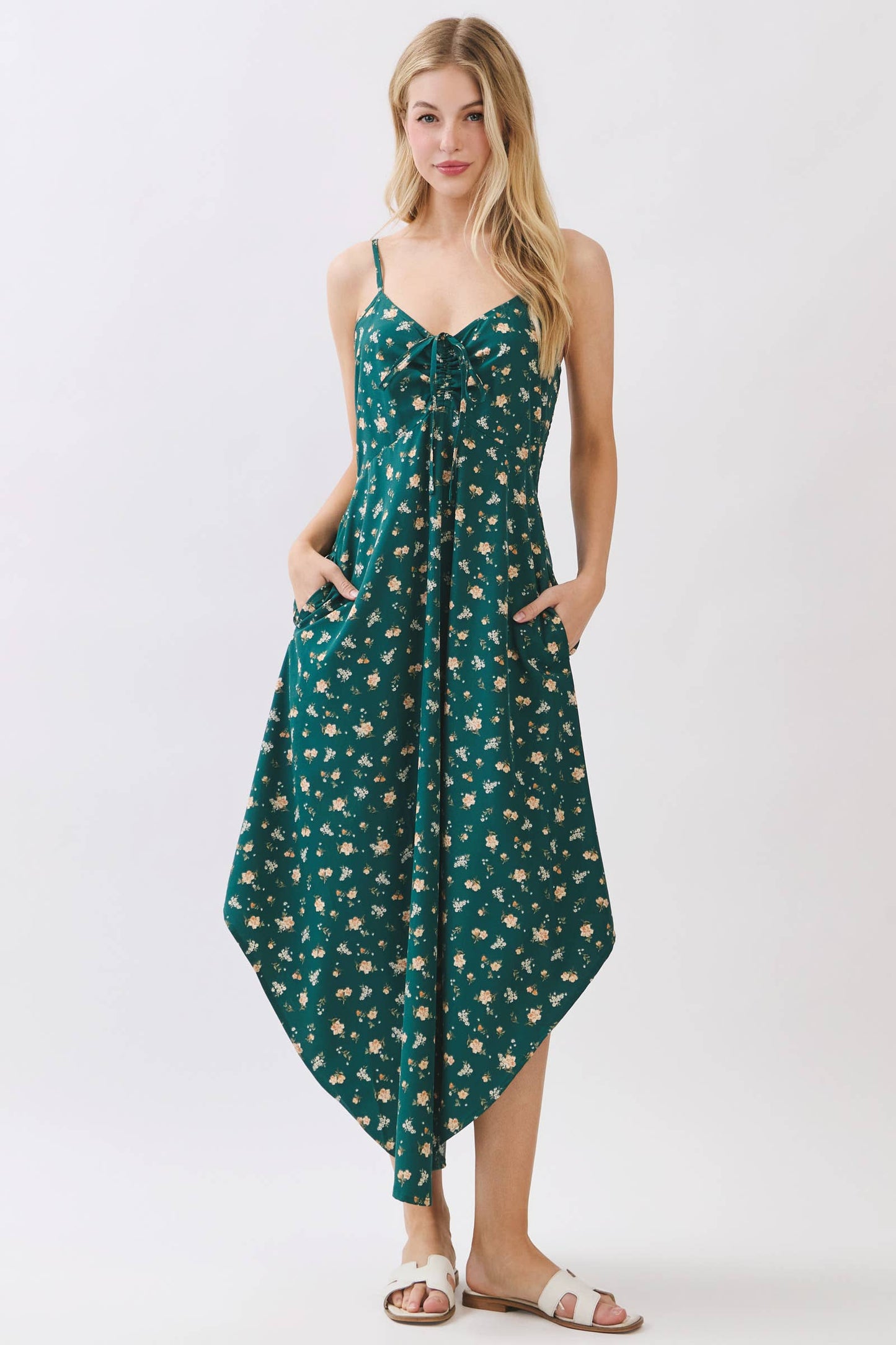 CHEST RUCHED ROUND HEMMING MIDI DRESS