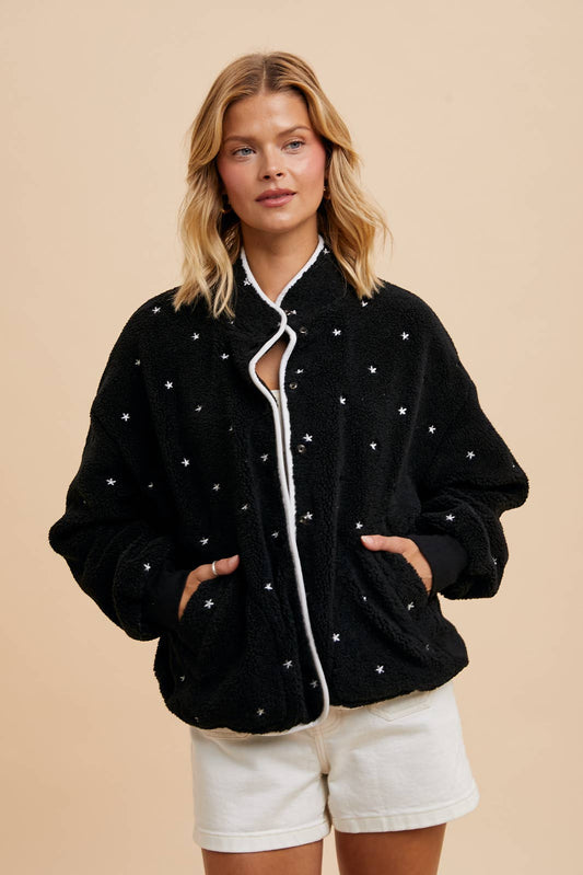 SPECKLED EMBROIDERED SHERPA JACKET