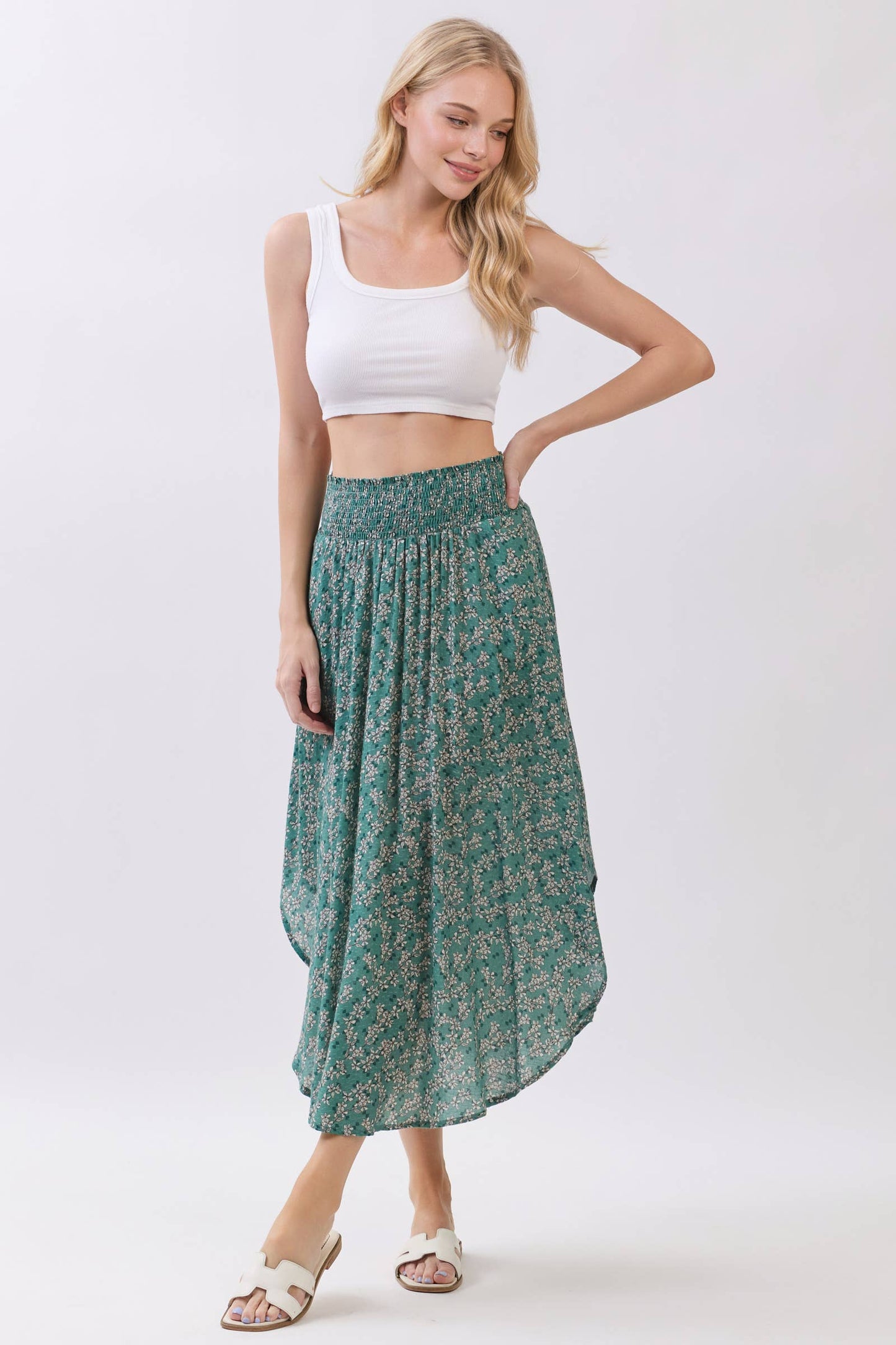 PRINT SMOCKED WAISTBAND MIDI SKIRT