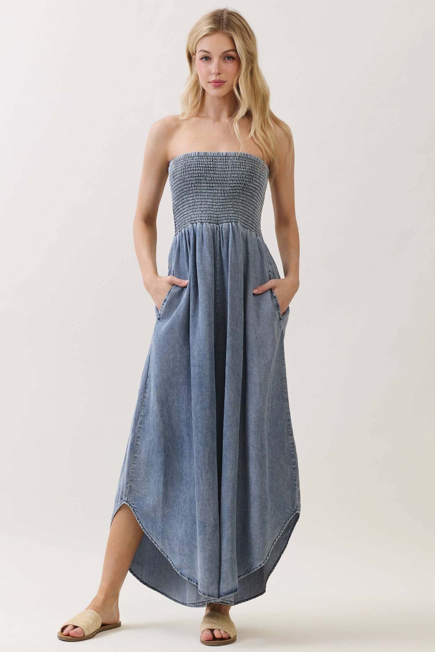 TENCEL SMOCKED ROUND HEM JUMPSUIT