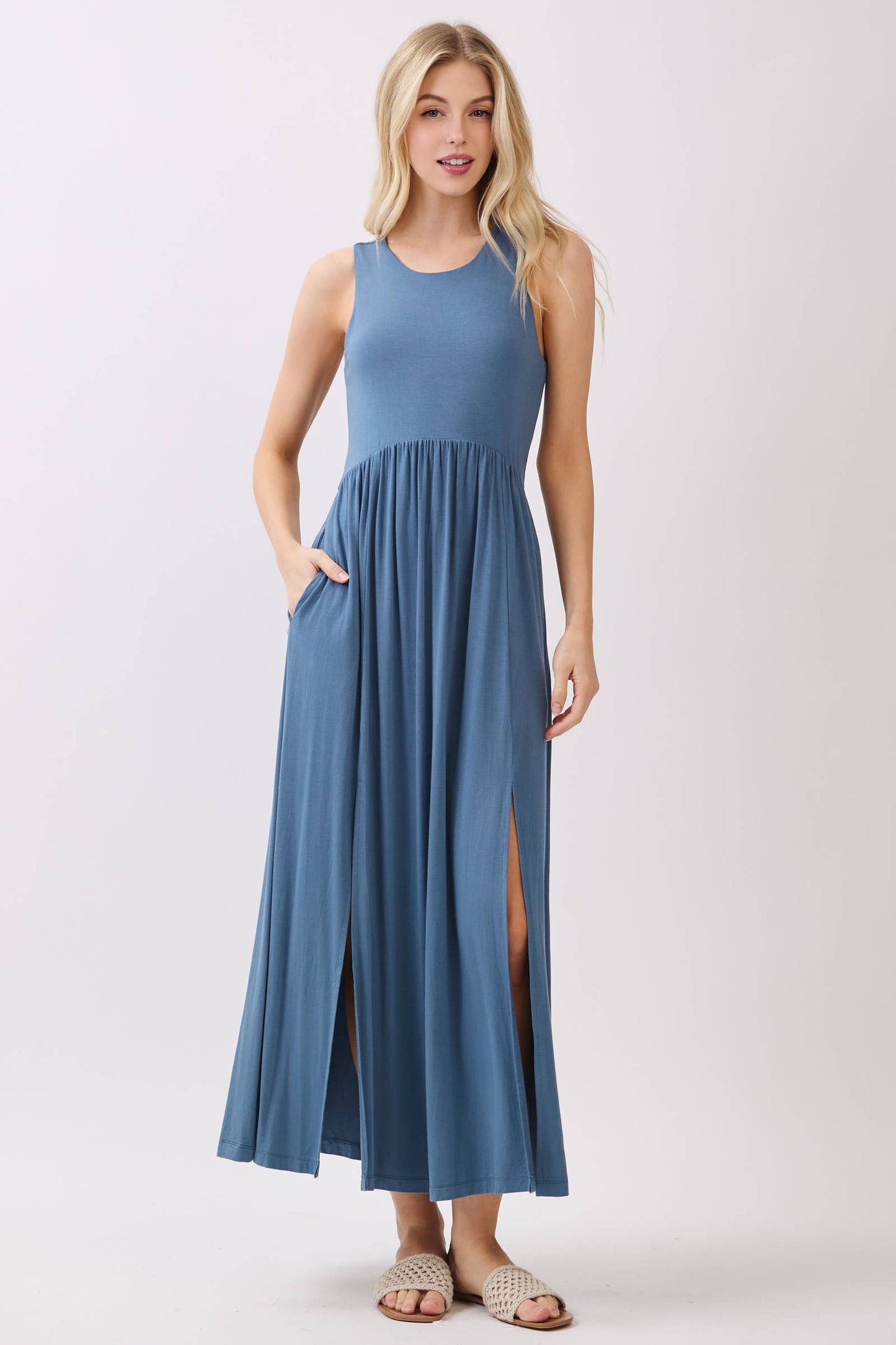 Solid Sleeveless Midi Dress with Front Slit