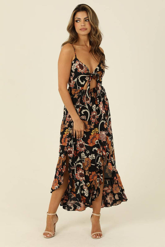 F4F55-A835 V NECK TIE FRONT RUFFLE SLITS MAXI DRESS