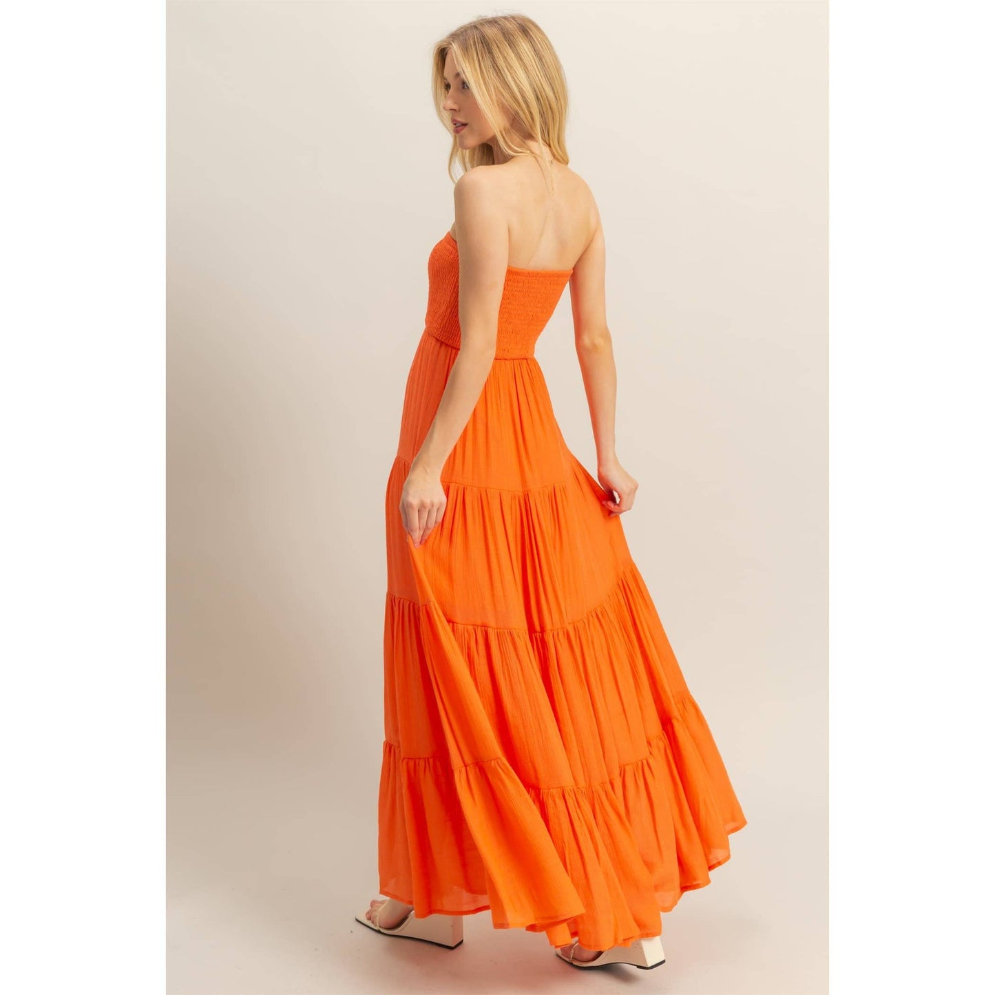 Strapless Ruched Bust Tiered Maxi Dress