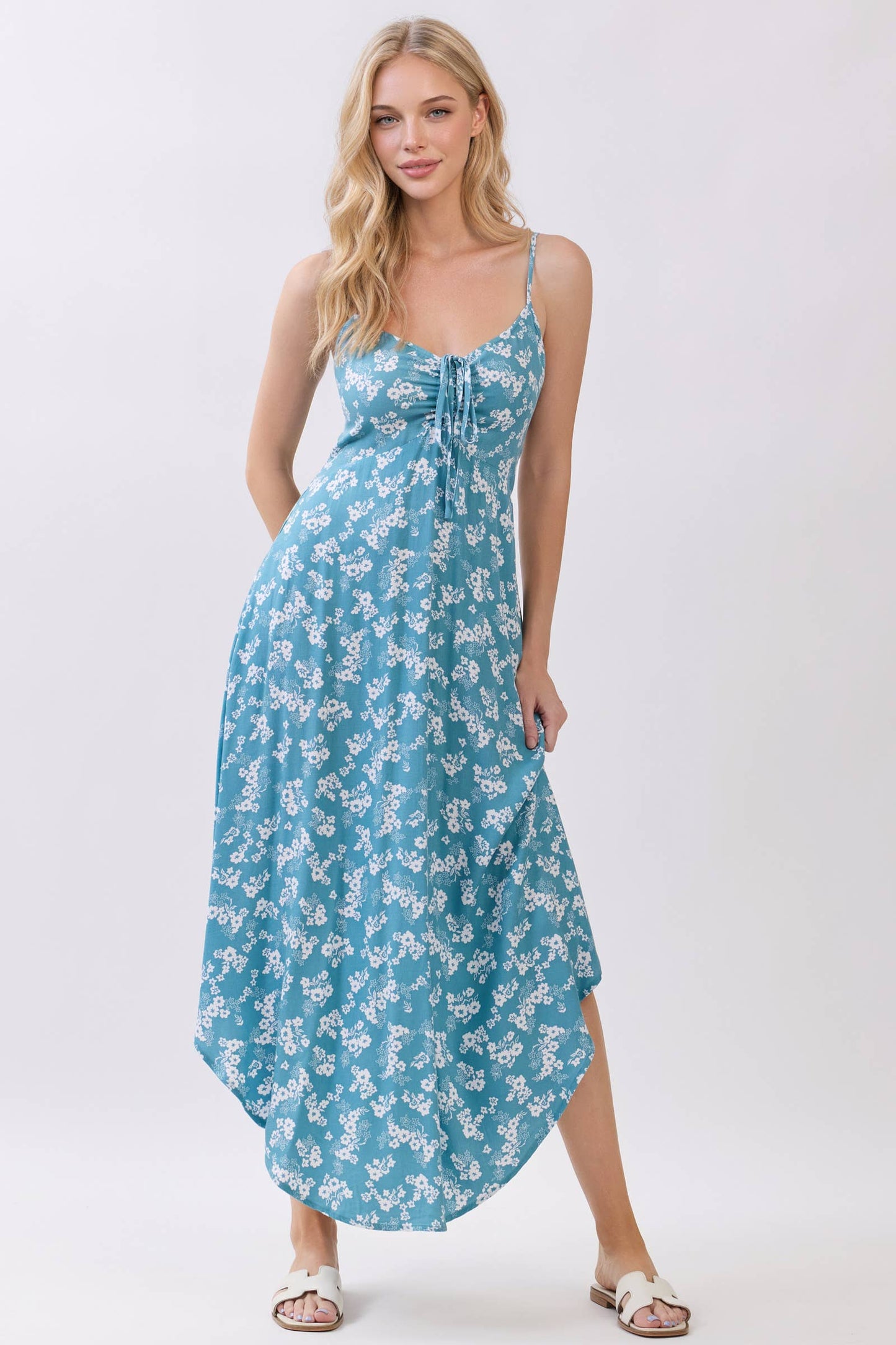 FLORAL PRINT CHEST RUCHED MIDI DRESS