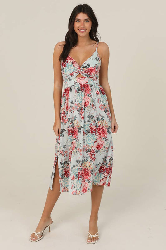 V NECK TWIST FRONT CUT OUT FLORAL PRINT MIDI DRES