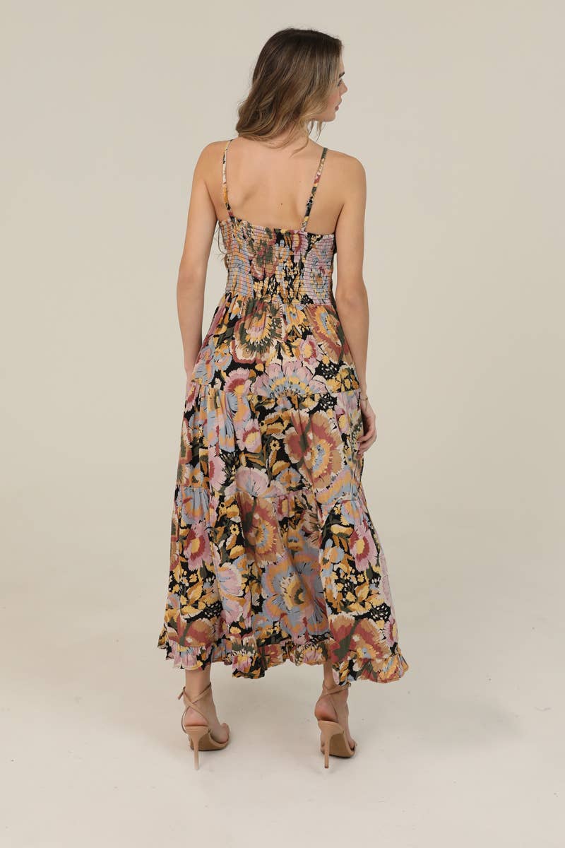 FLORAL PRINT TIE BUST MAXI DRESS WITH SIDE SLIT