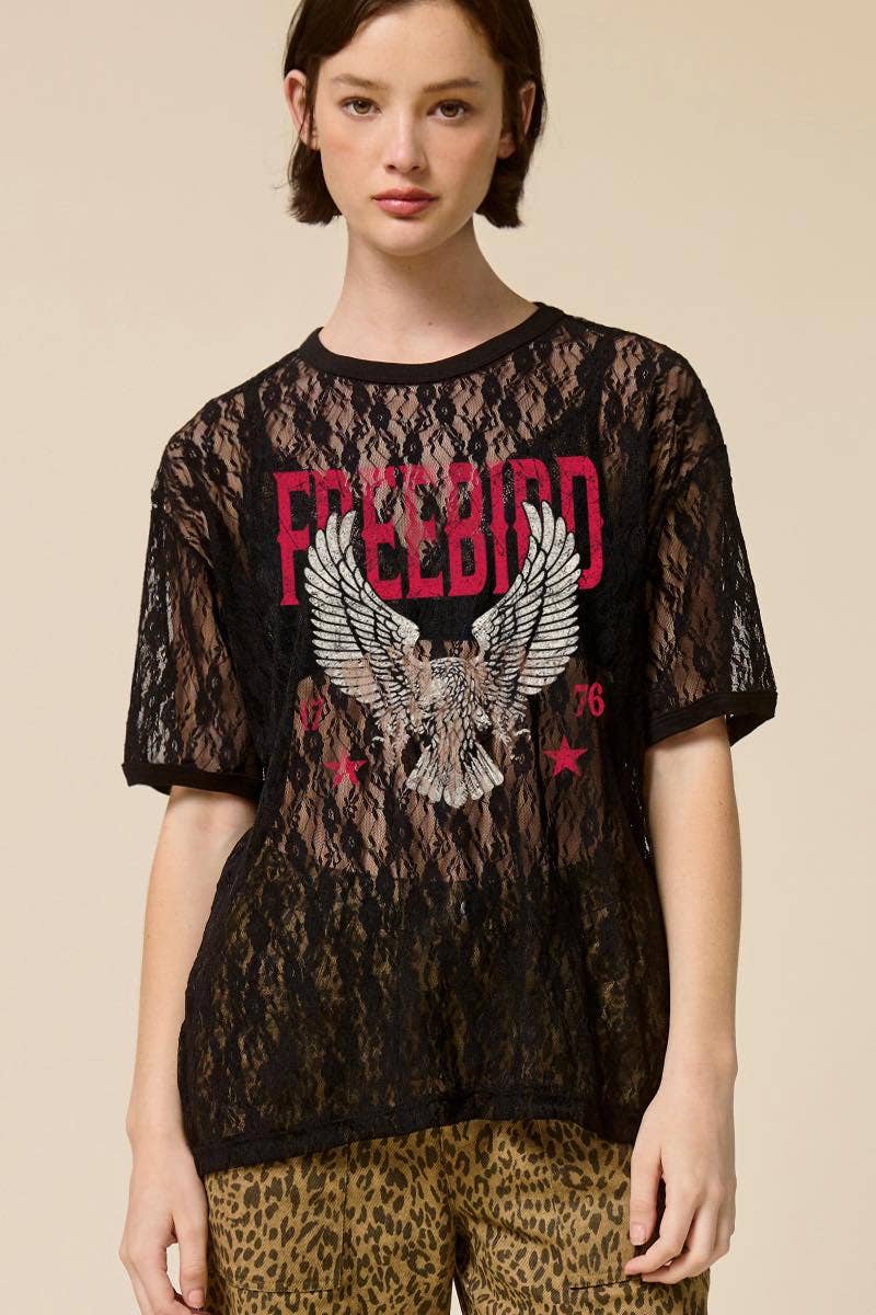 Free Bird 1776 Vintage Graphic Sheer Lace Tee