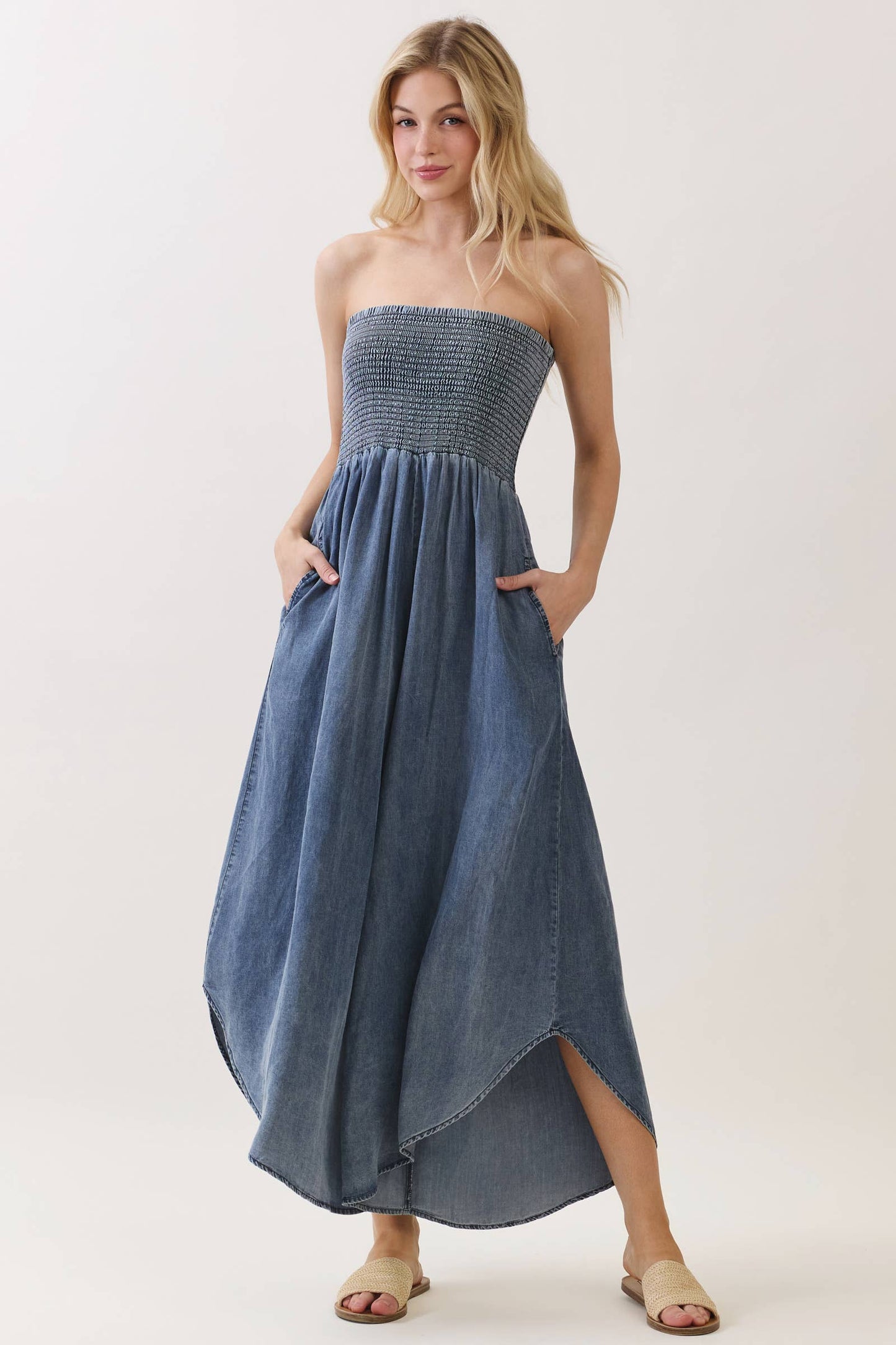 TENCEL SMOCKED ROUND HEM JUMPSUIT