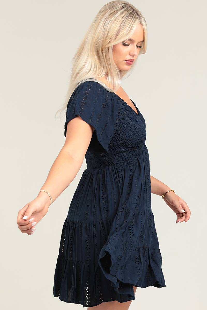 SHORT SLEEVE SMOCKED BODICE DRESS W EMBROIDERY