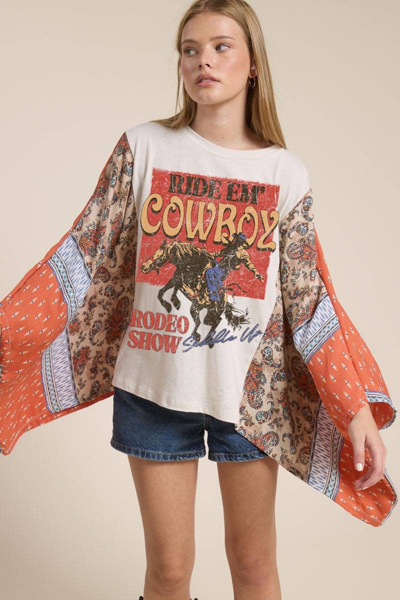 Ride Em' Cowboys Western Graphic Sheer Sleeves Kaftan Top