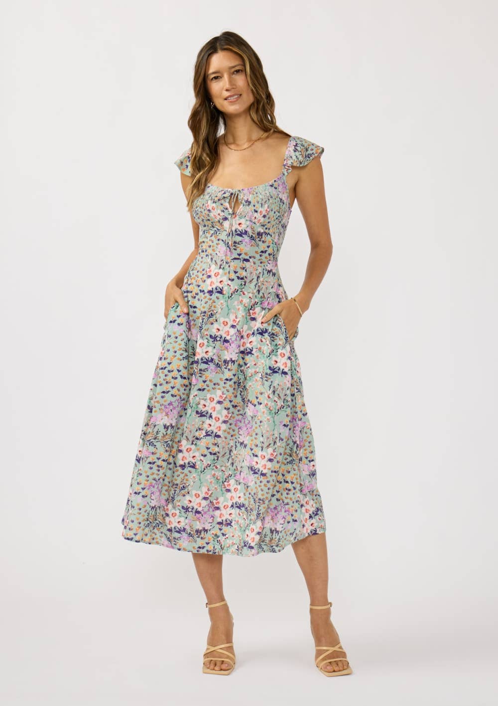Front Lace Up Smocked Bust Midi Dress