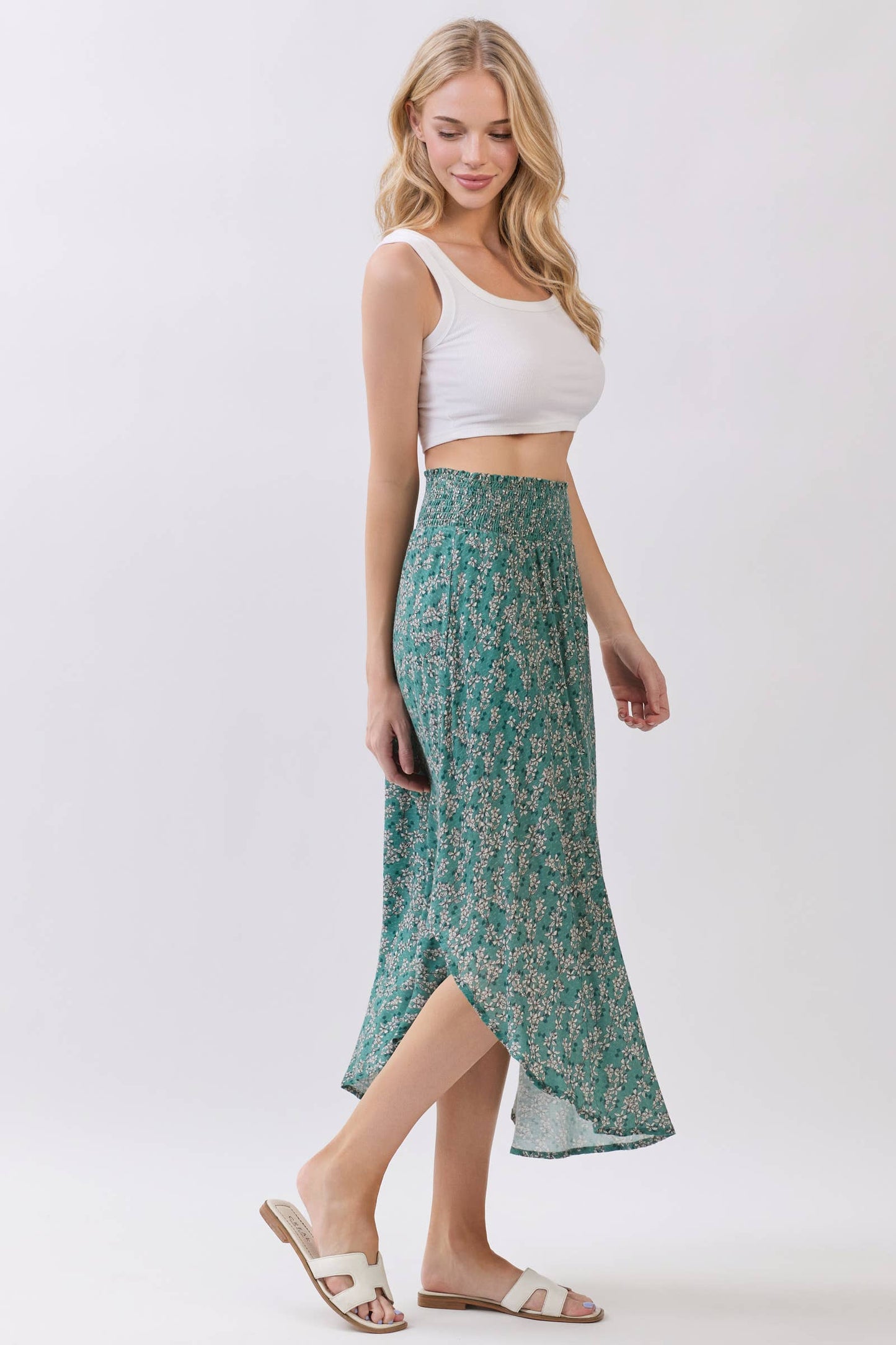 PRINT SMOCKED WAISTBAND MIDI SKIRT