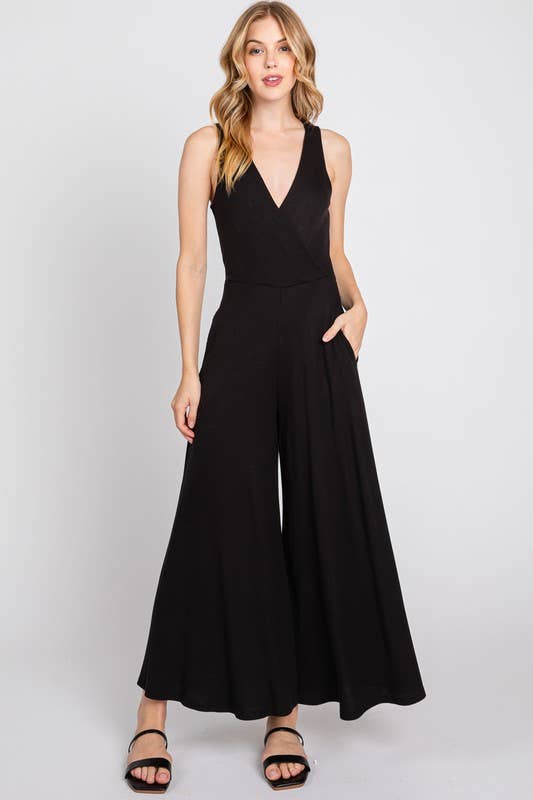 SURPLICE SLEEVELESS WIDE LEG JUMPSUIT