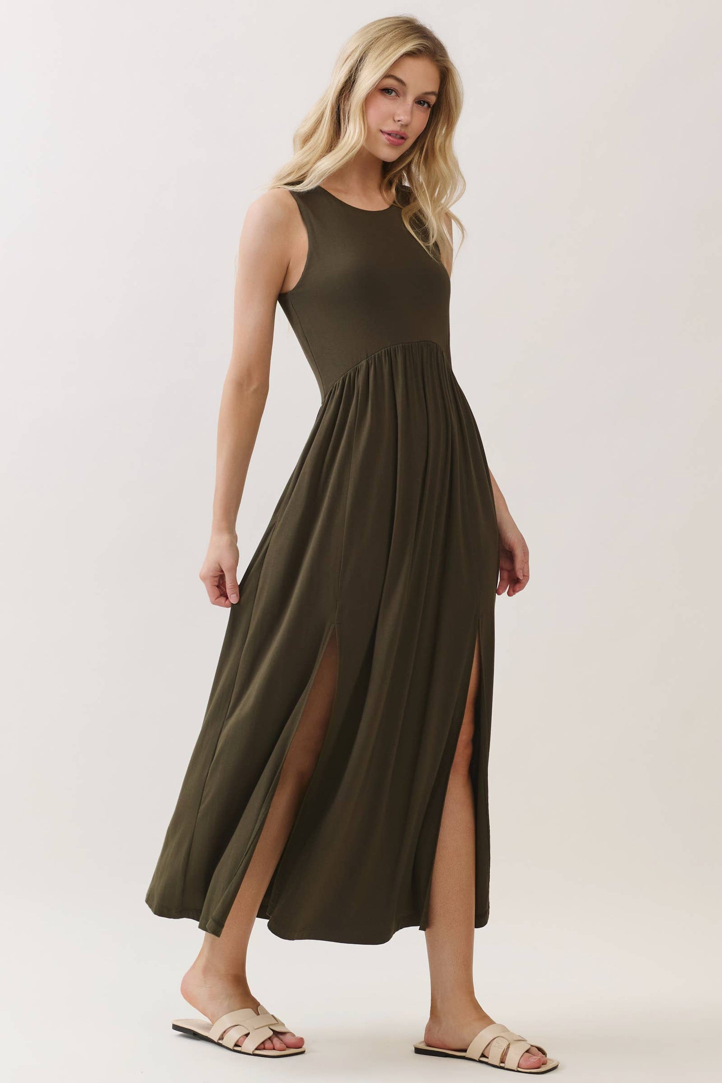 Solid Sleeveless Midi Dress with Front Slit