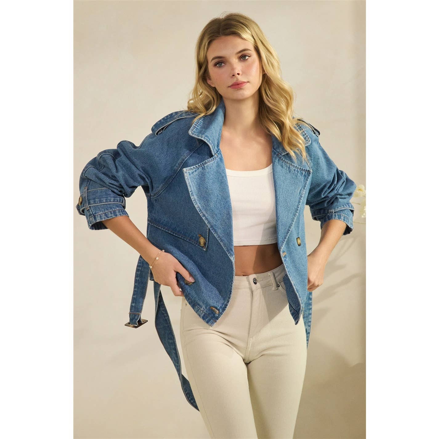 Structured Belted Cropped Denim Jacket
