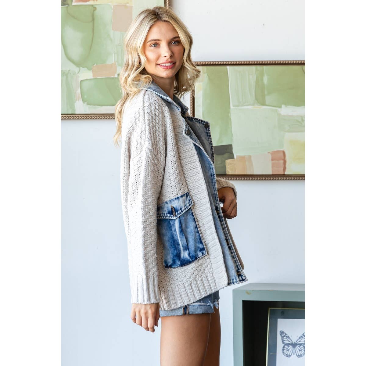 Knit Body Denim Layerd Jacket