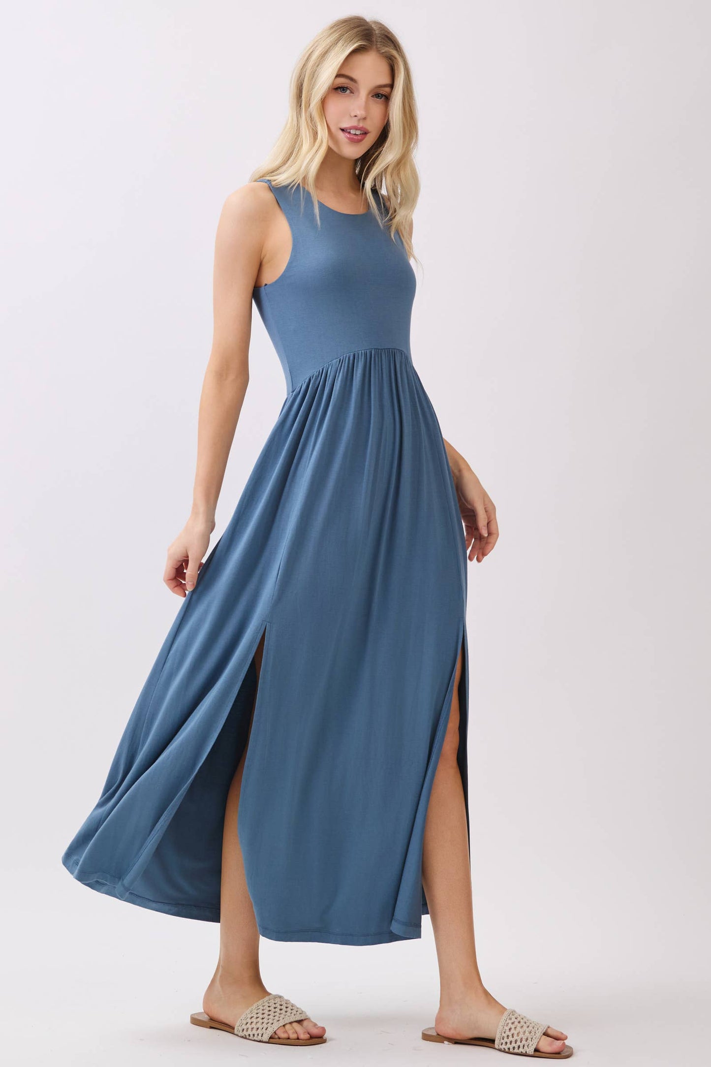 Solid Sleeveless Midi Dress with Front Slit