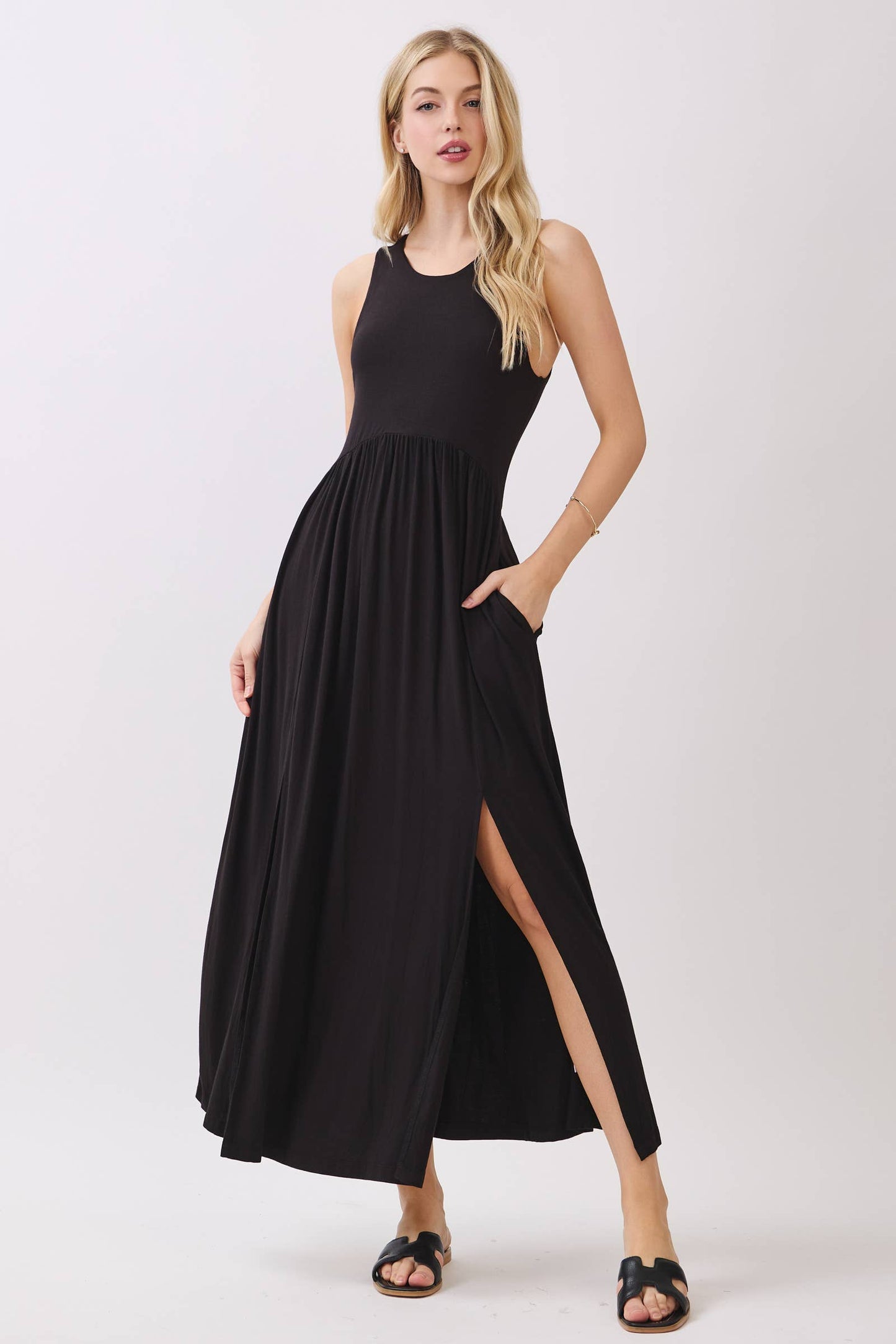 Solid Sleeveless Midi Dress with Front Slit