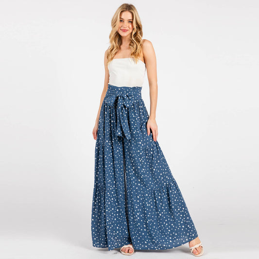 Woven Dot Waist Bow Tie Pants