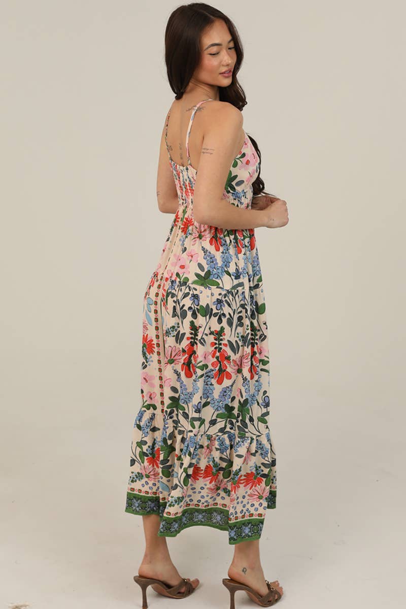 PRINTED V NECK MAXI DRESS