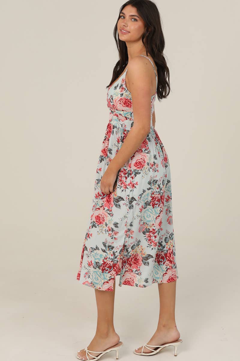 V NECK TWIST FRONT CUT OUT FLORAL PRINT MIDI DRES