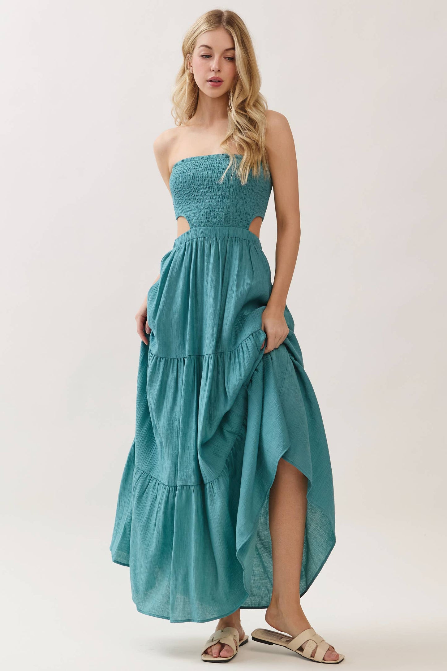 SMOCKED TUBE TOP WAIST ELASTIC TIERED MAXI DRESS