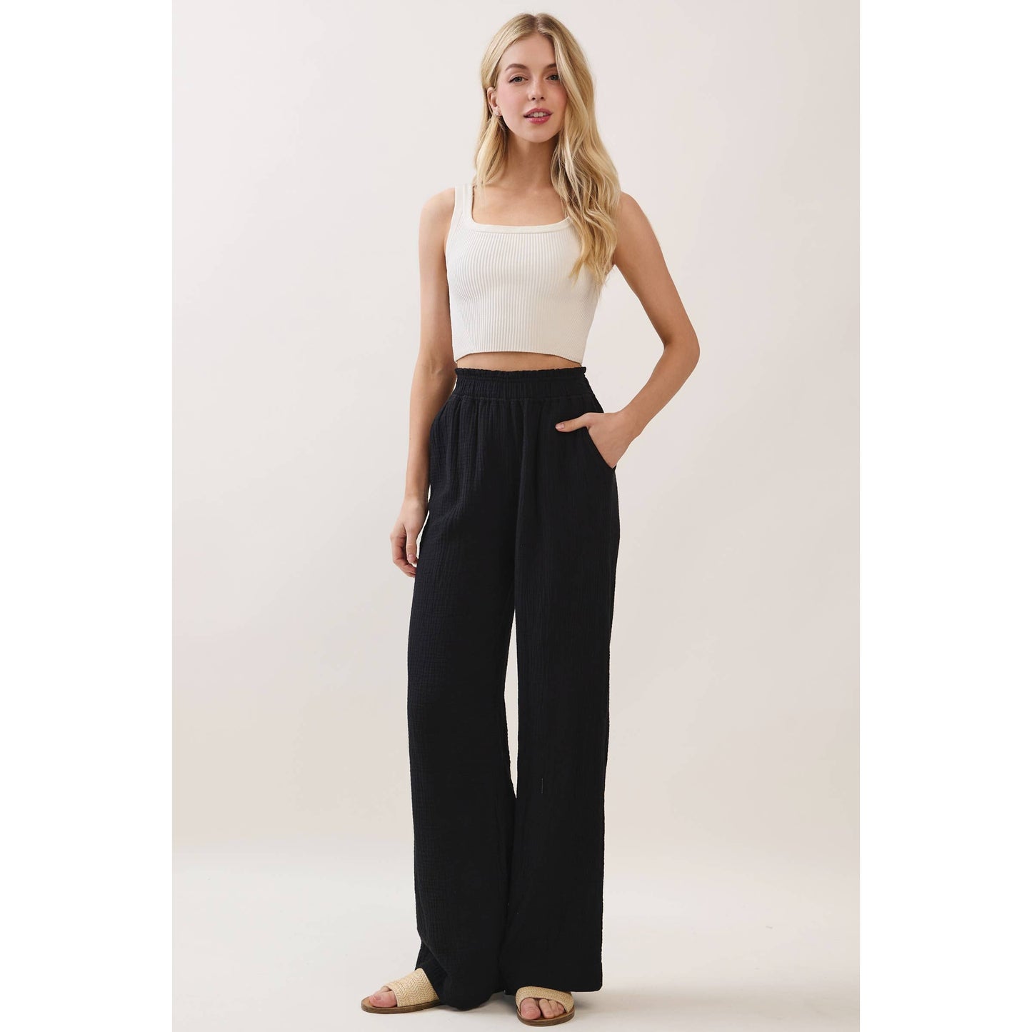 DOUBLE GAUZE SOLID WIDE LEG PANTS