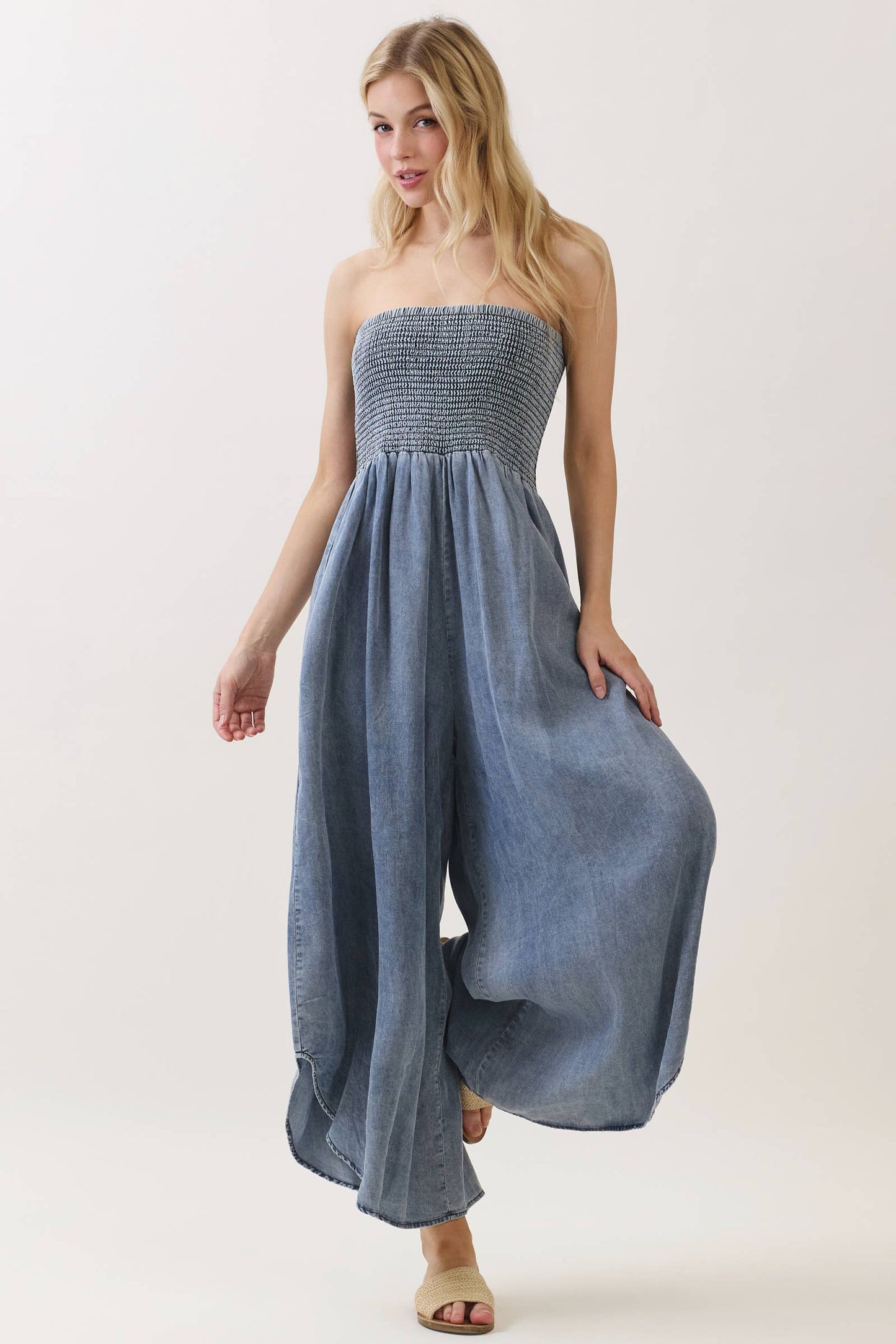 TENCEL SMOCKED ROUND HEM JUMPSUIT