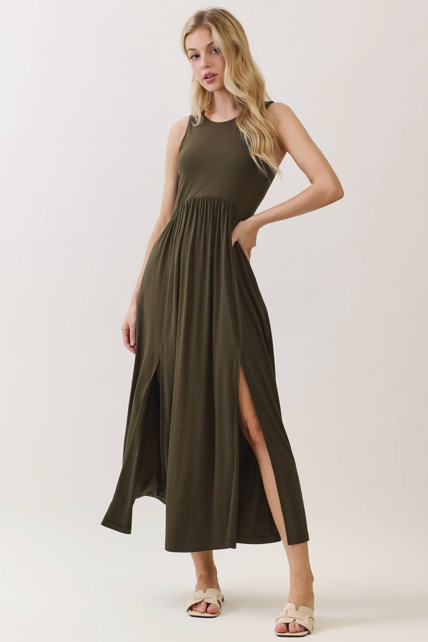 Solid Sleeveless Midi Dress with Front Slit