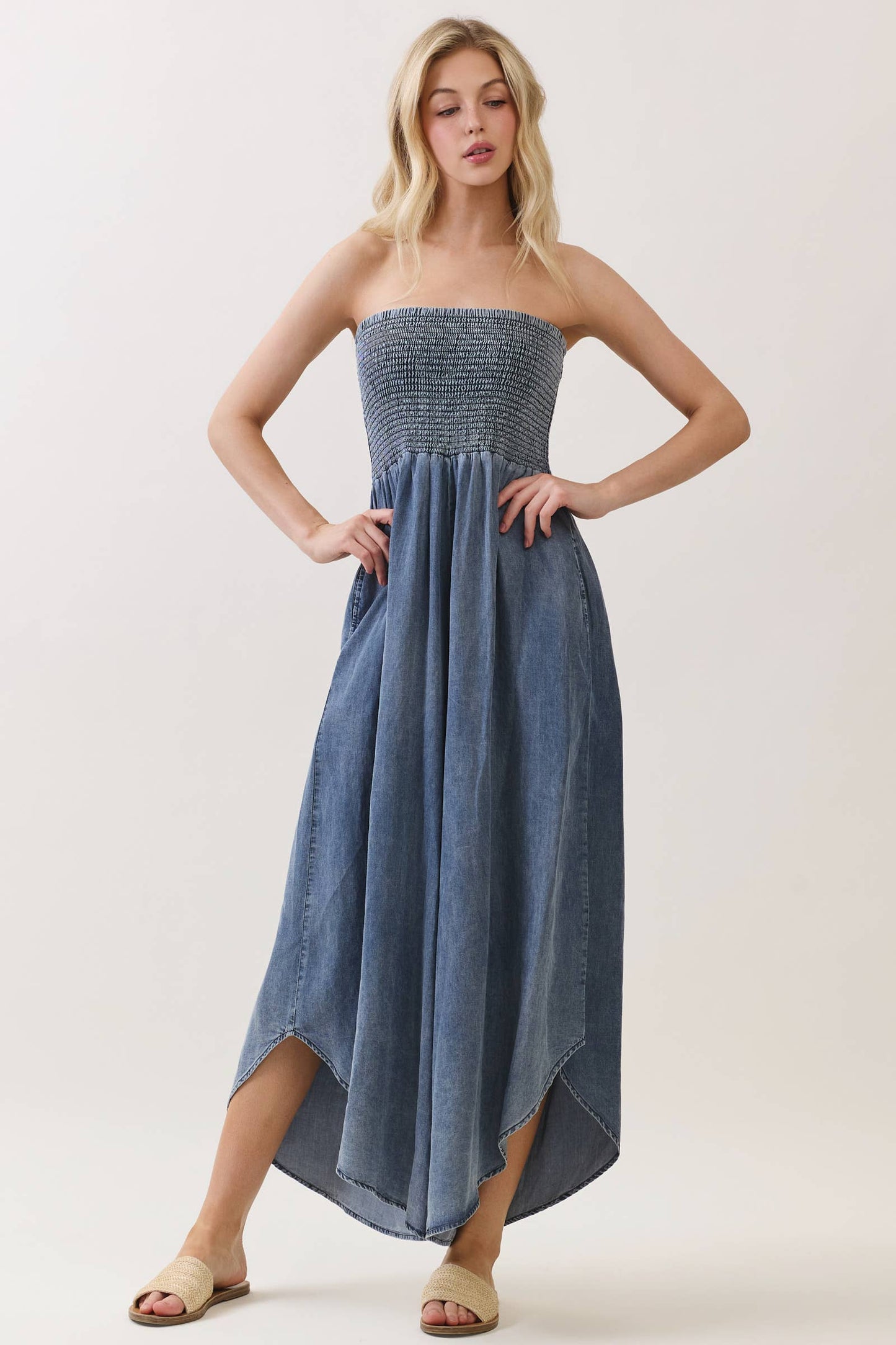 TENCEL SMOCKED ROUND HEM JUMPSUIT