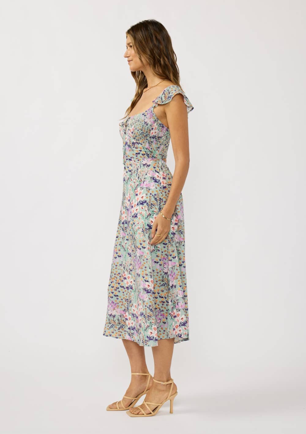 Front Lace Up Smocked Bust Midi Dress