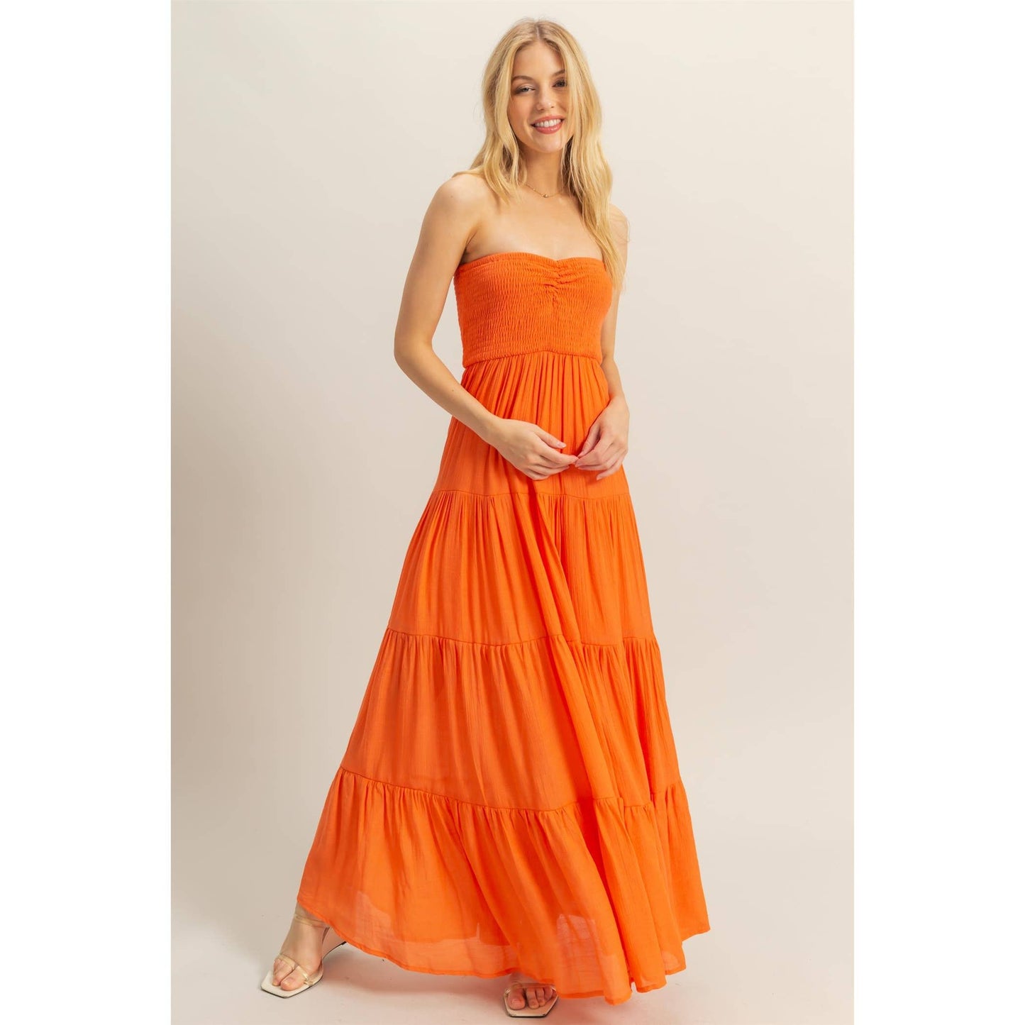Strapless Ruched Bust Tiered Maxi Dress