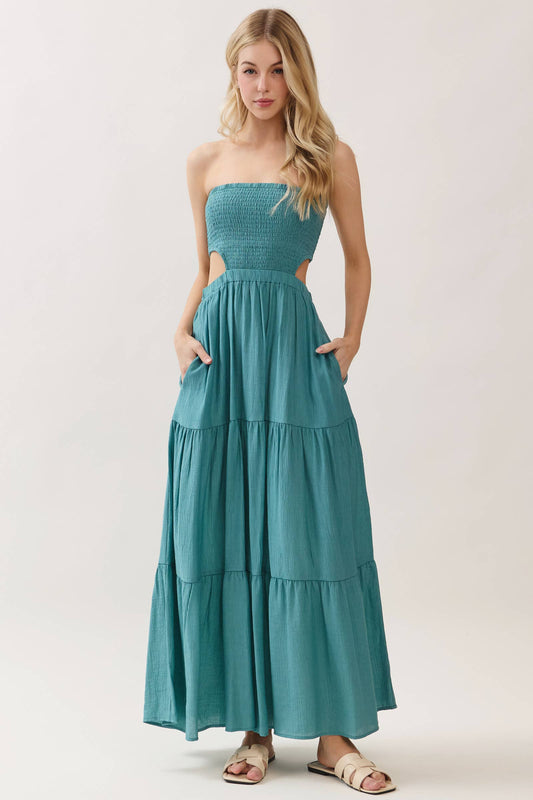 SMOCKED TUBE TOP WAIST ELASTIC TIERED MAXI DRESS