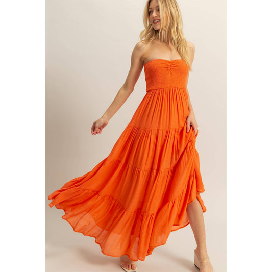 Strapless Ruched Bust Tiered Maxi Dress