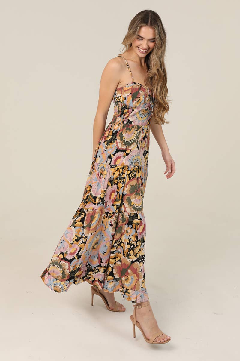 FLORAL PRINT TIE BUST MAXI DRESS WITH SIDE SLIT