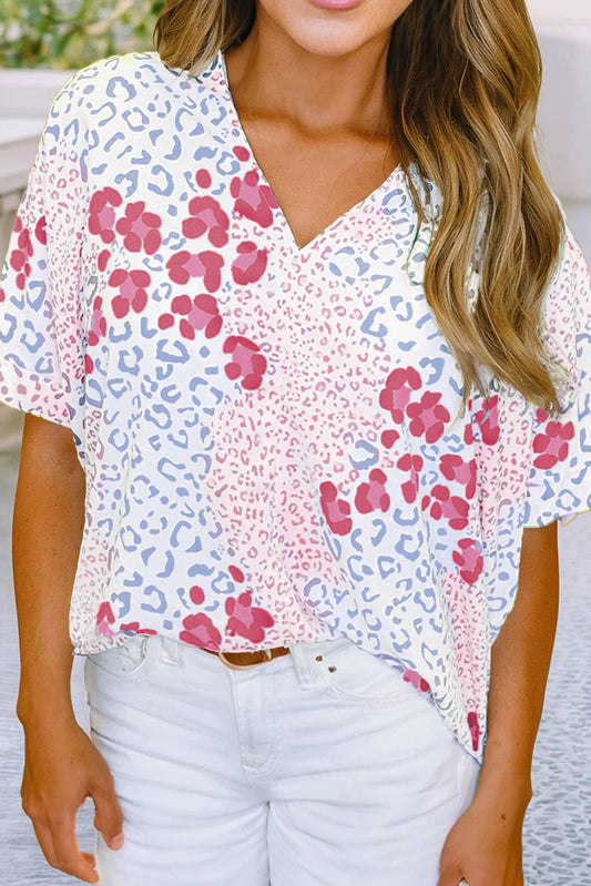 Mixed Leopard Print V Neck Short Sleeve Blouse