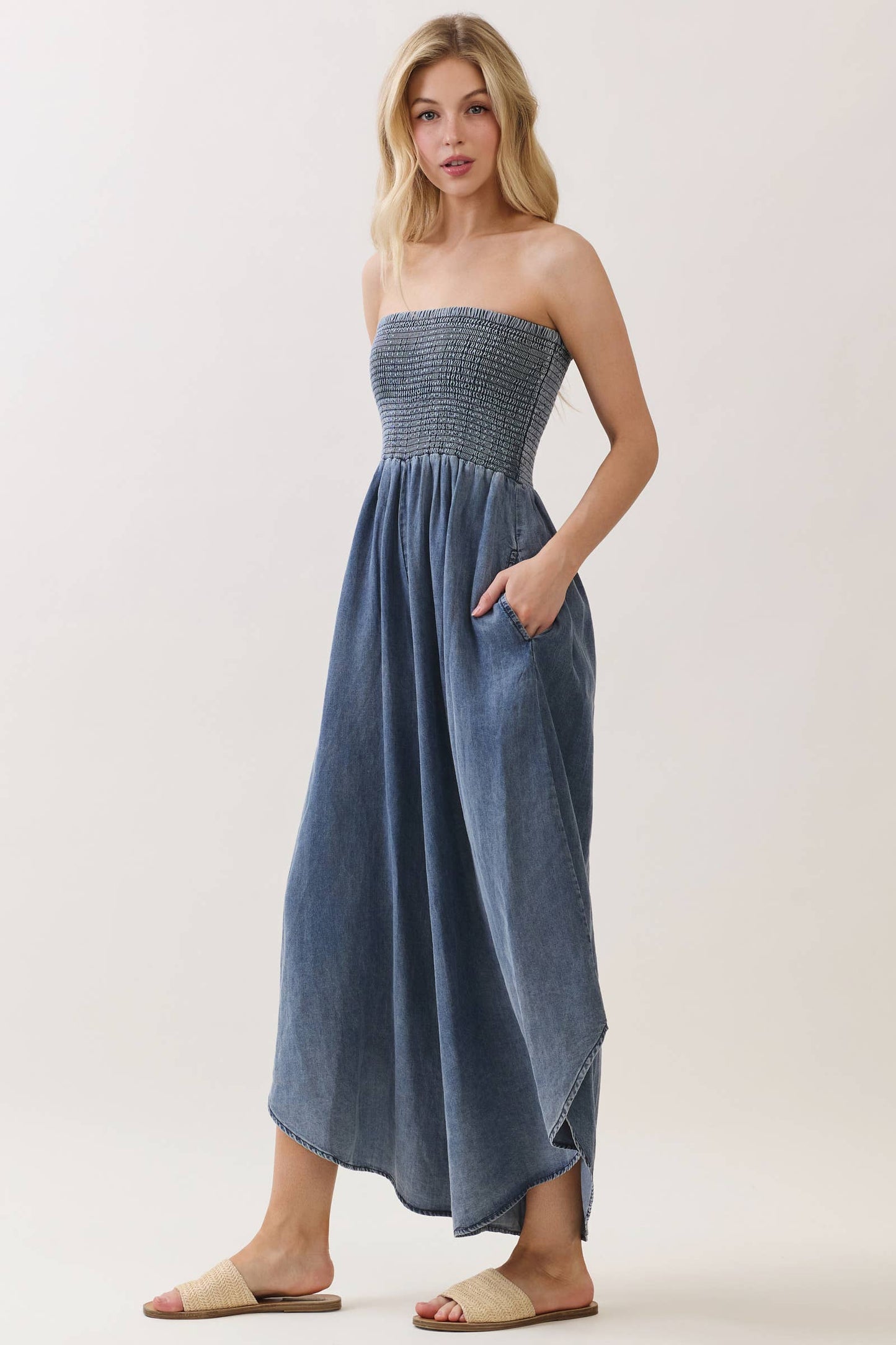 TENCEL SMOCKED ROUND HEM JUMPSUIT
