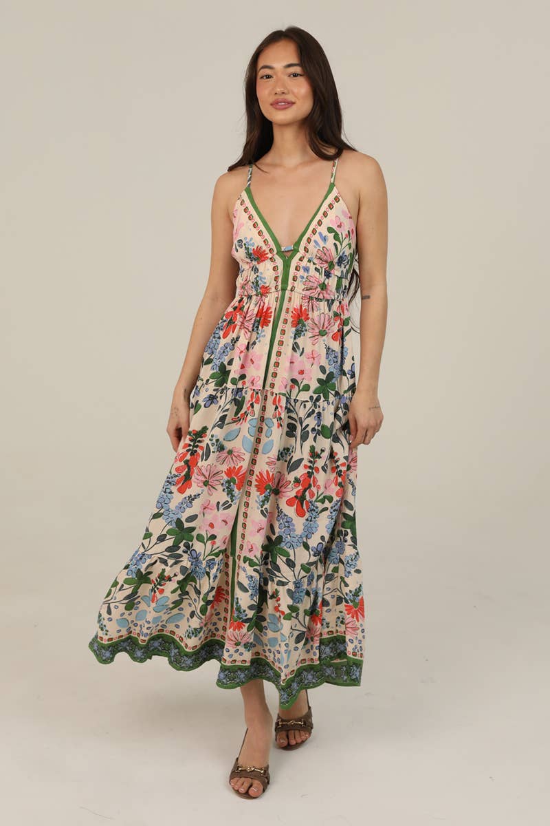 PRINTED V NECK MAXI DRESS