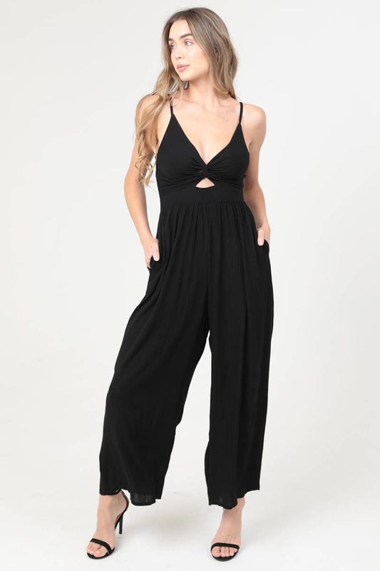 V NECK TWIST FRONT CUT OUT JUMPSUIT WITH POCKETS