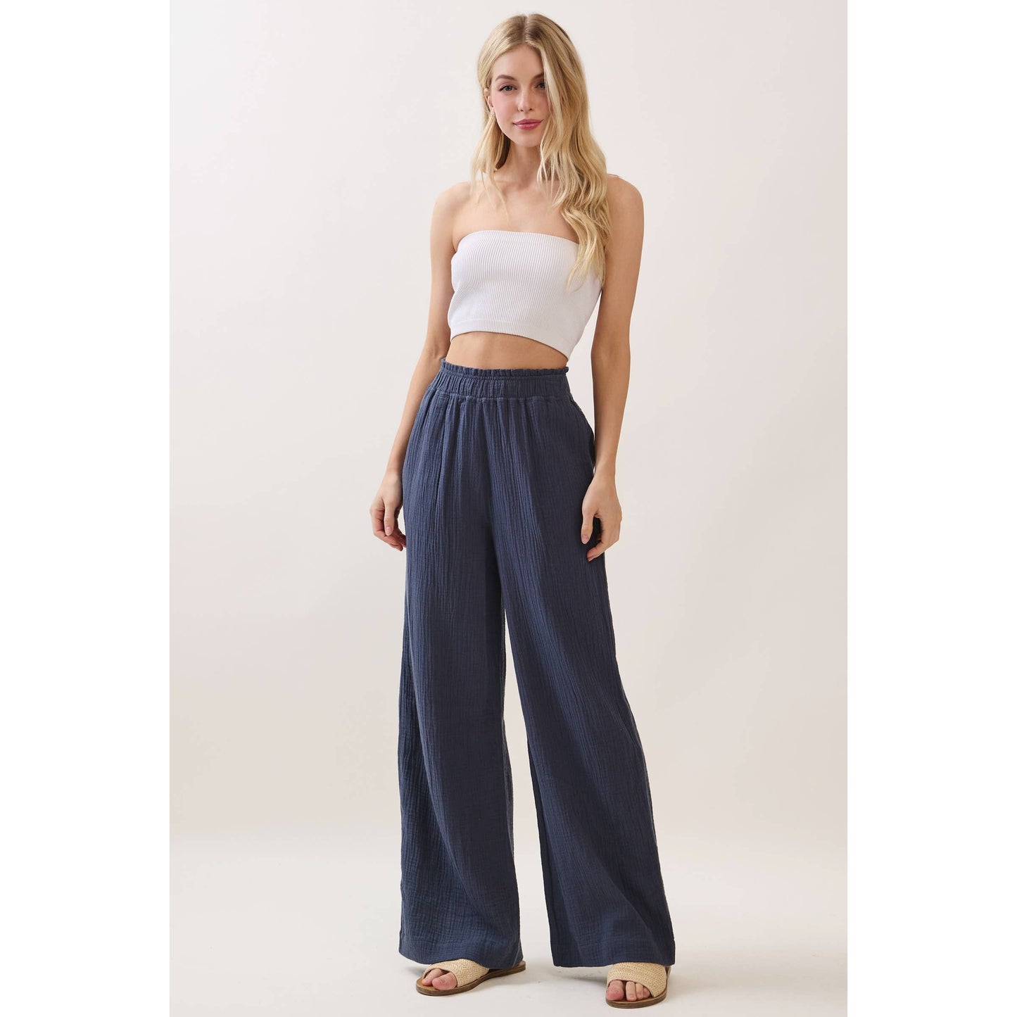DOUBLE GAUZE SOLID WIDE LEG PANTS