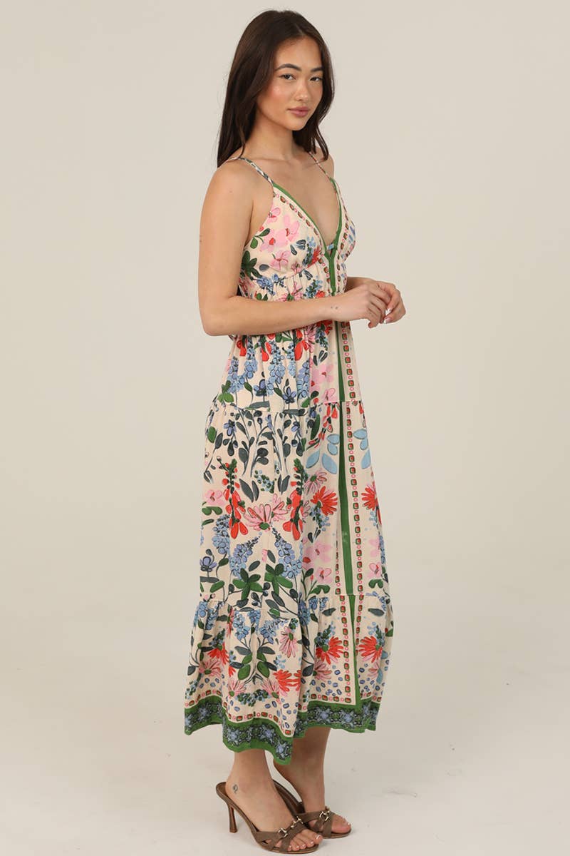 PRINTED V NECK MAXI DRESS