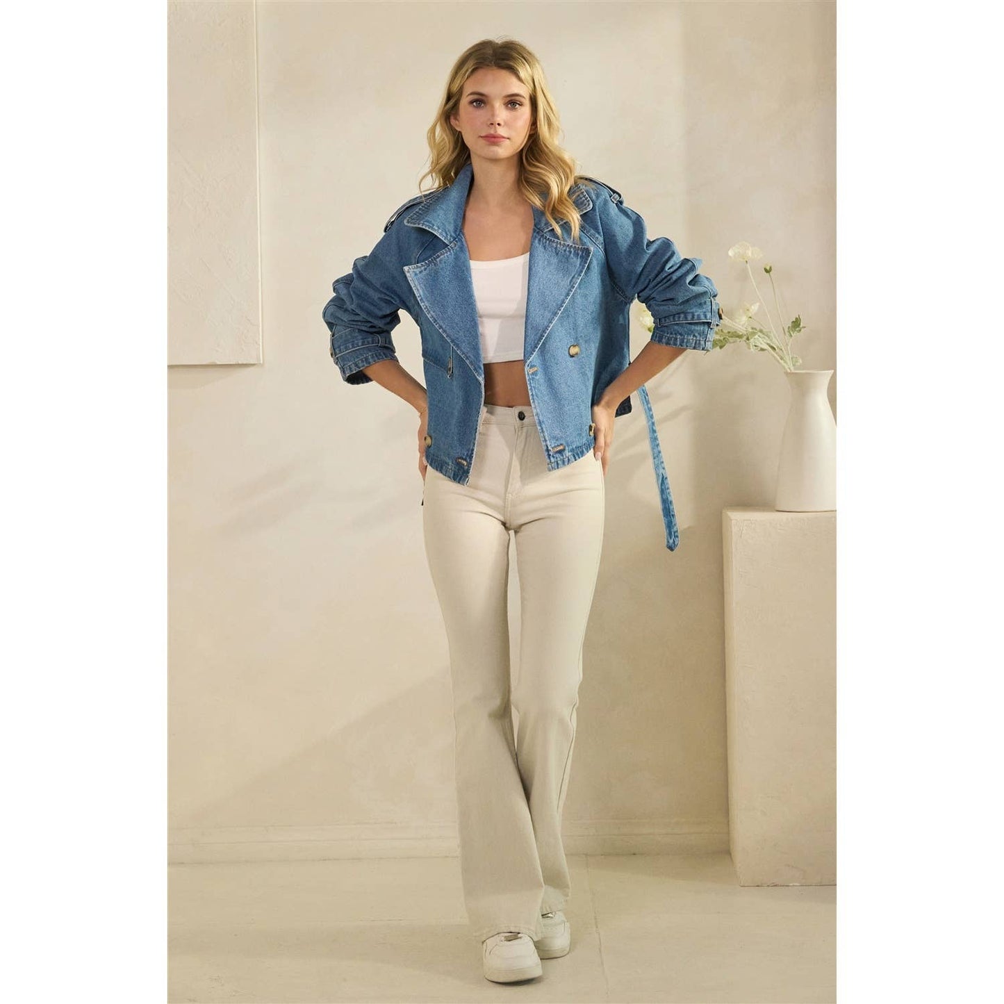 Structured Belted Cropped Denim Jacket